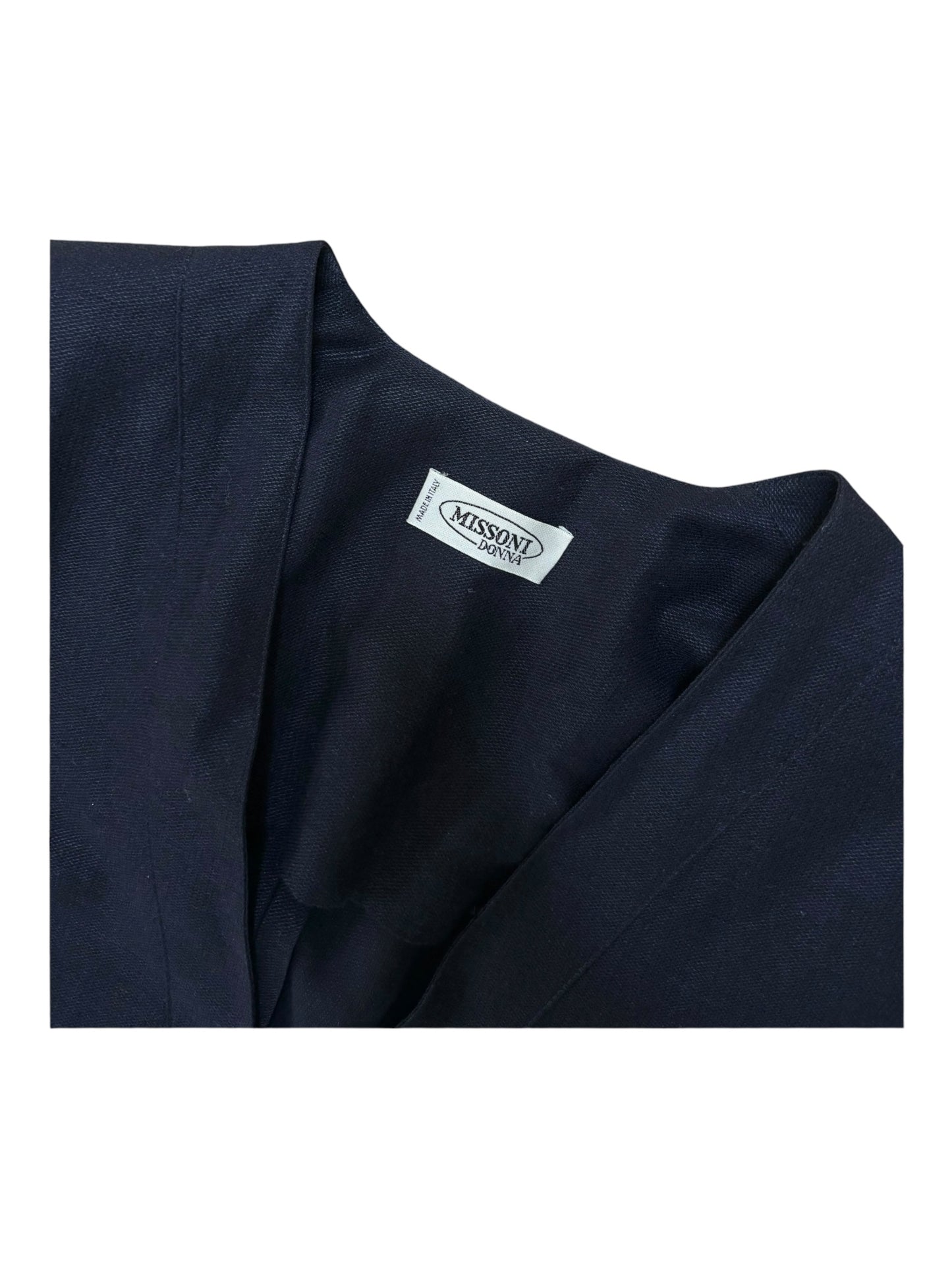Close-up of blazer fabric and interior label