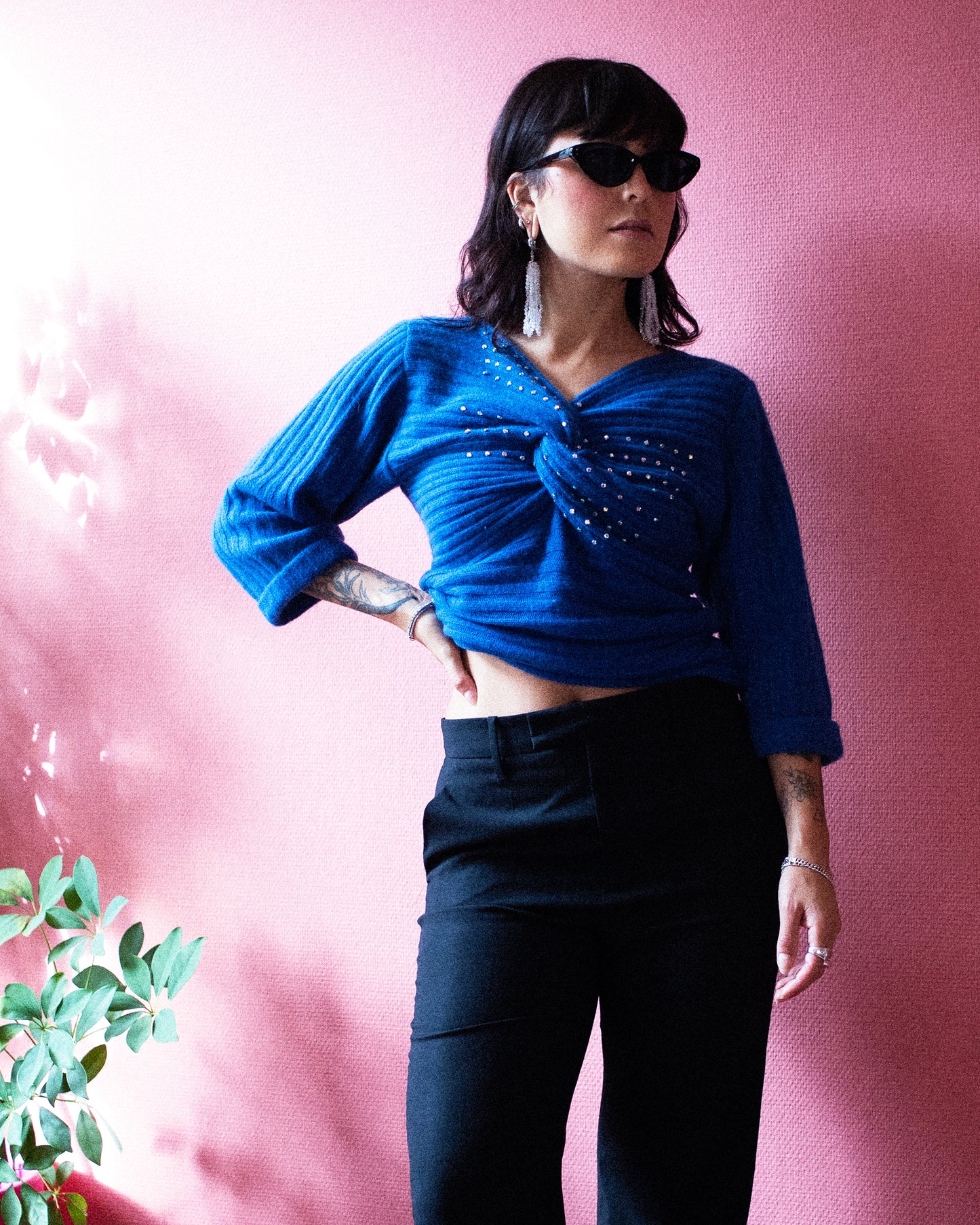 Vintage Blumarine cobalt blue knit top with twisted front and rhinestone details – late 80s to early 90s Italian designer style, size XS/S