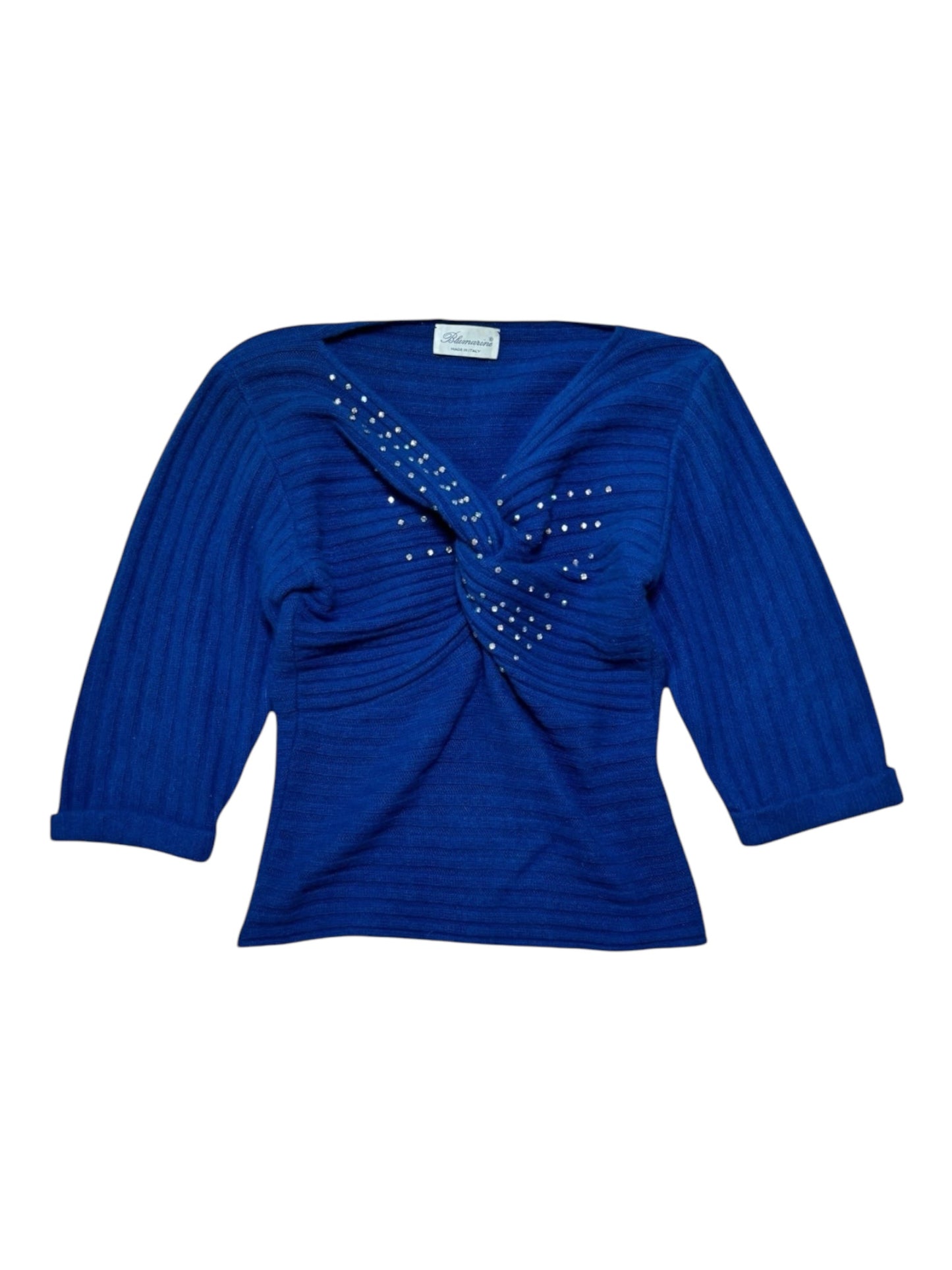 Vintage Blumarine cobalt blue knit top with twisted front and rhinestone details – late 80s to early 90s Italian designer style, size XS/S