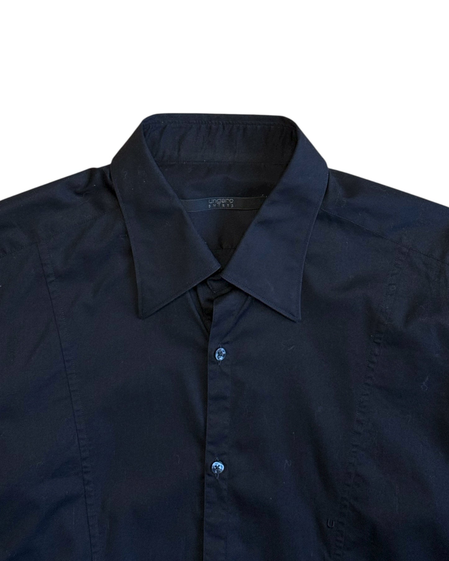 Close-up of collar and buttons on black Ungaro Shirts shirt.