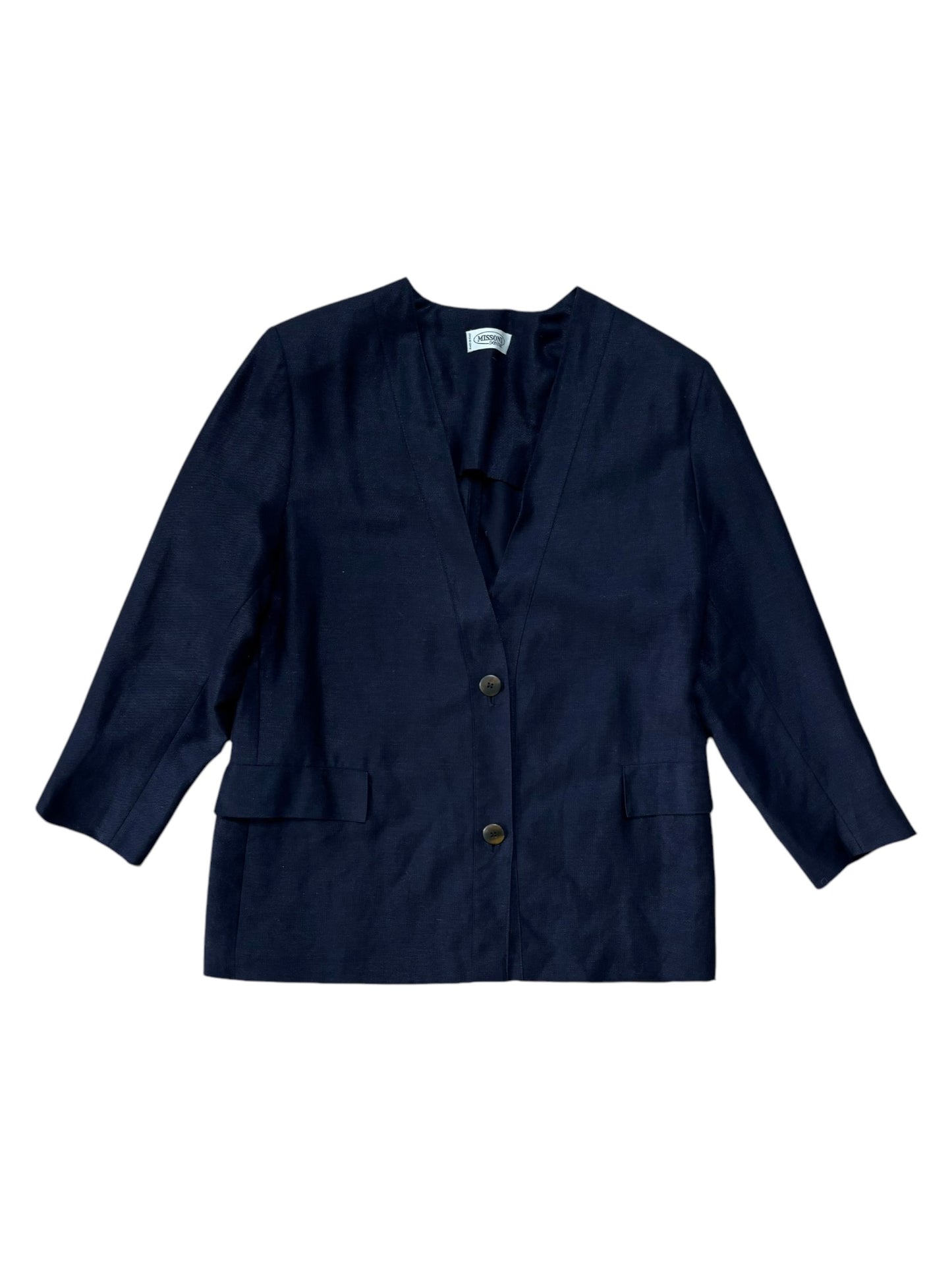 Missoni Donna navy collarless blazer laid flat with visible button closure