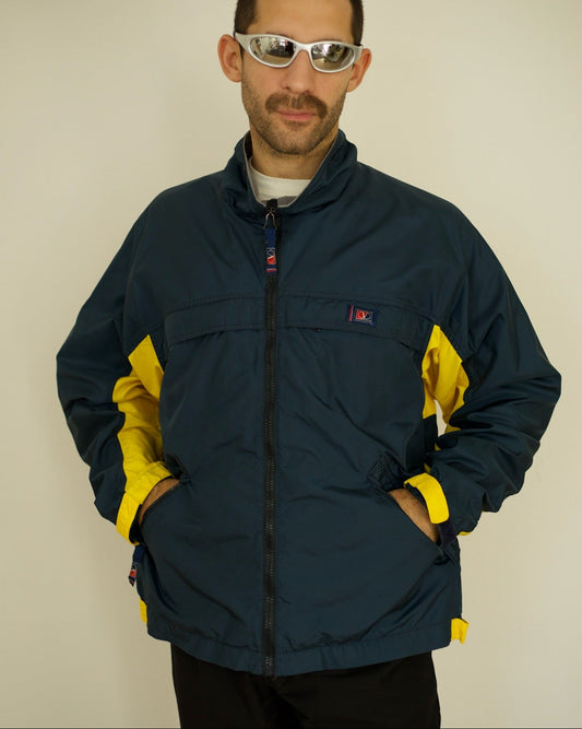 Model wearing front view of colourblock Valentino windbreaker