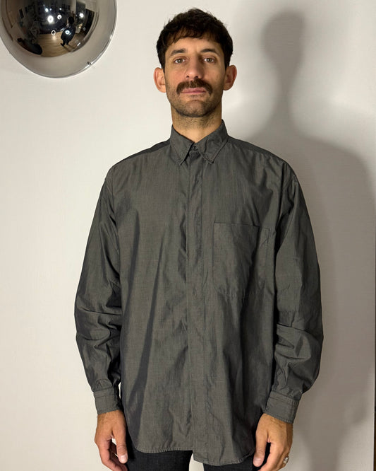 Model wearing metallic khaki Zegna shirt, front-facing view