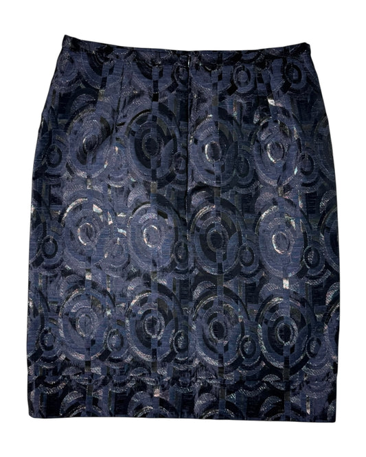 Navy blue maxmara skirt with circular pattern on a white background