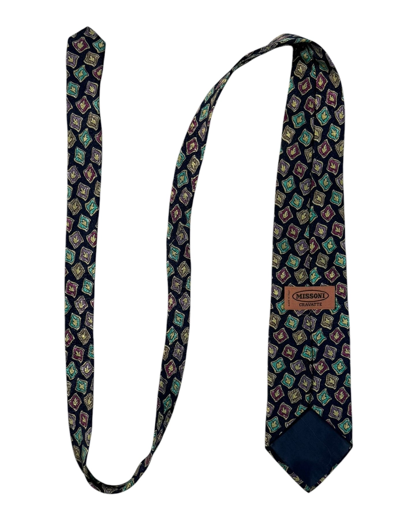 Patterned tie with Missoni brand label on a white background