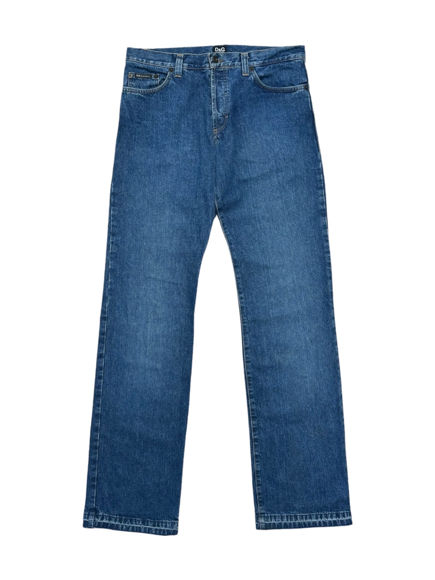 A pair of Dolce & Gabbana straight-leg jeans in medium blue wash with a 5 pocket design.