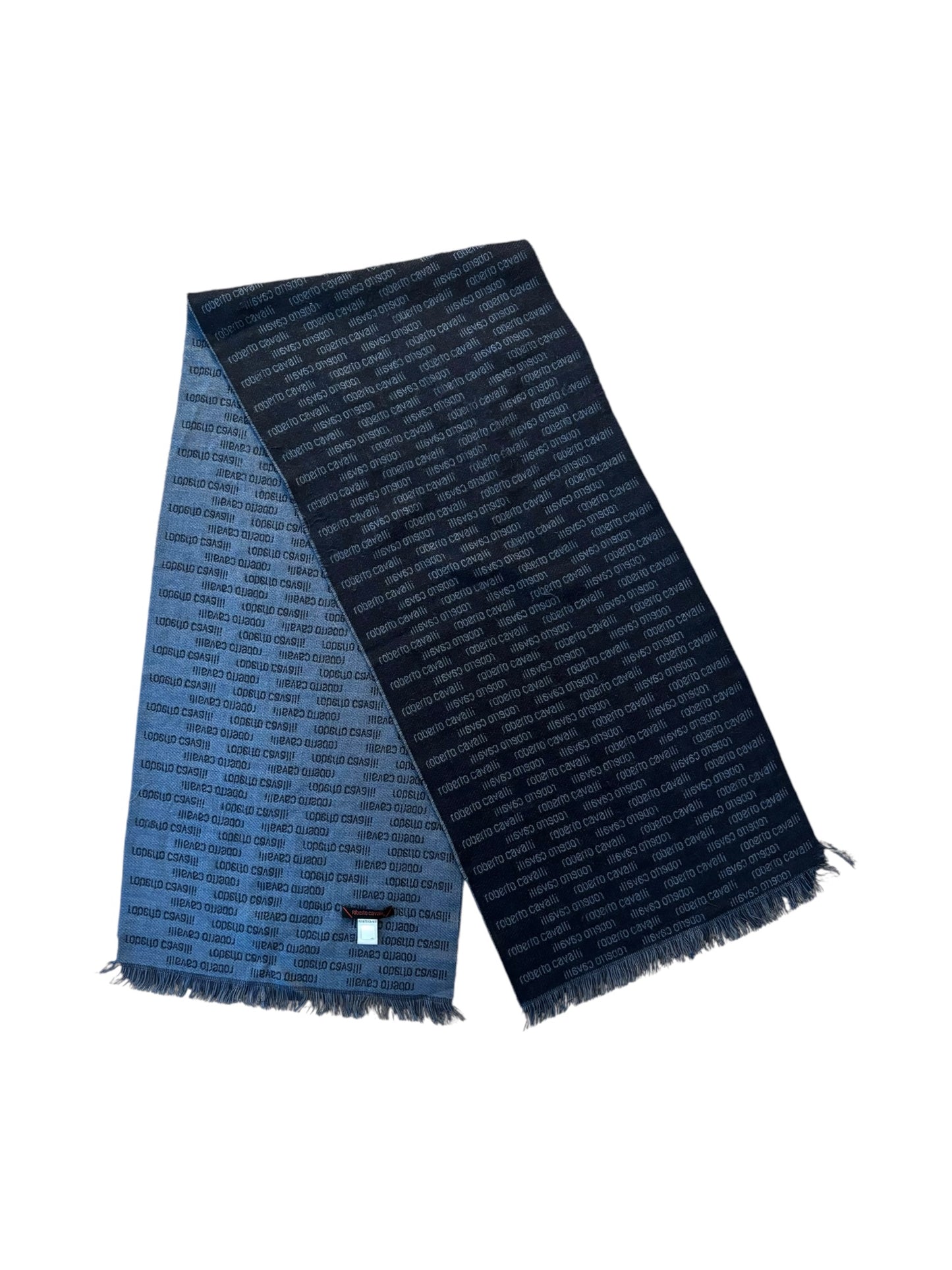 Y2K Roberto Cavalli wool scarf with navy and black all-over logo spell-out – vintage Italian accessory