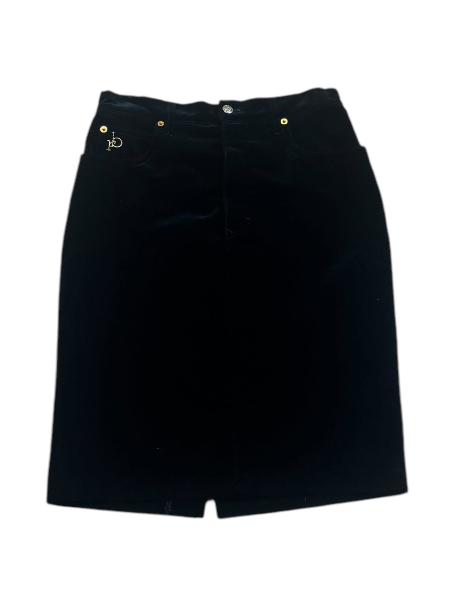 Flat lay of black velour mini skirt with gold Roccobarocco logo embroidery – vintage 90s style, Italian size 44