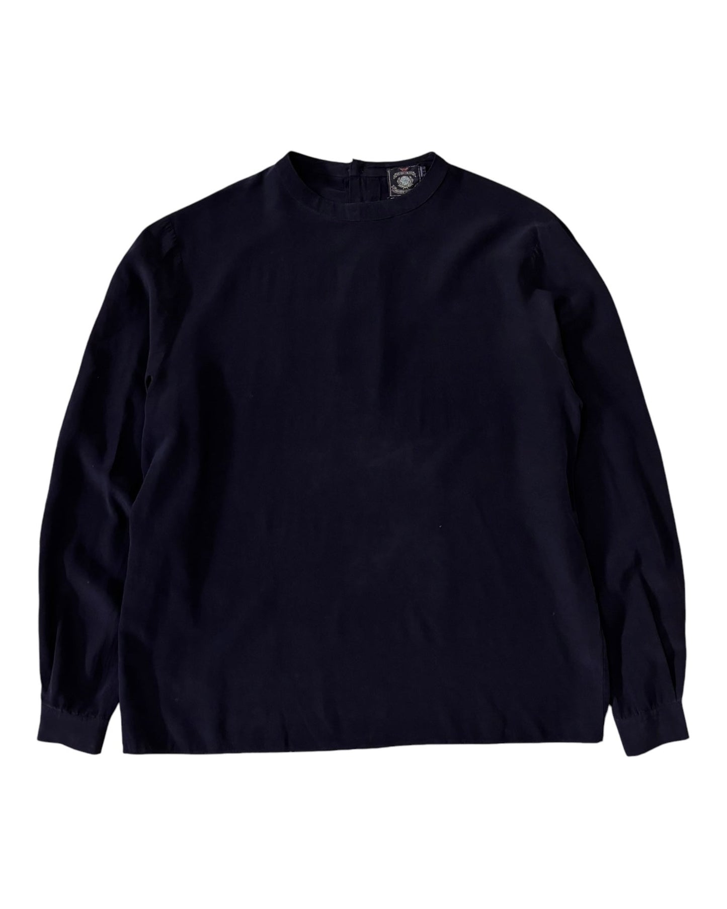 Vintage dark navy long-sleeved silk blouse by Emporio Armani, displayed on a model mannequin.