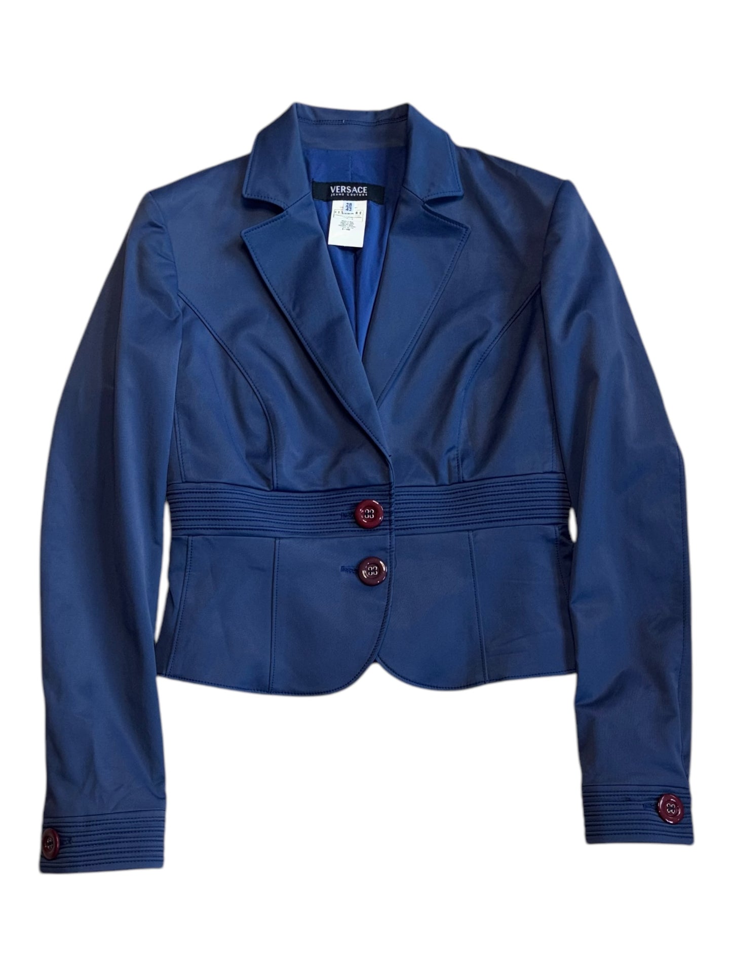 Front view of navy blue cropped Y2K Versace jacket with wide lapels and fitted waist, size M