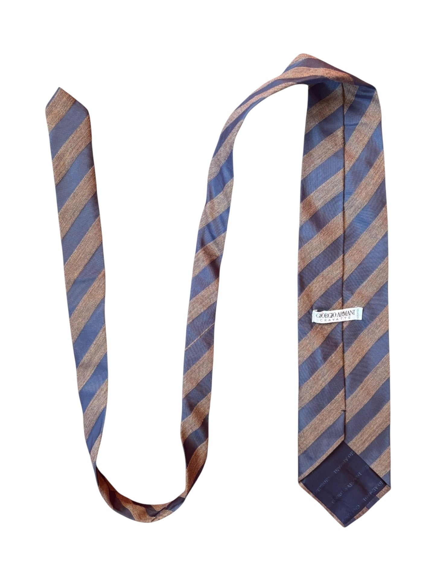 Close-up of vintage Armani striped necktie showing silk texture and logo