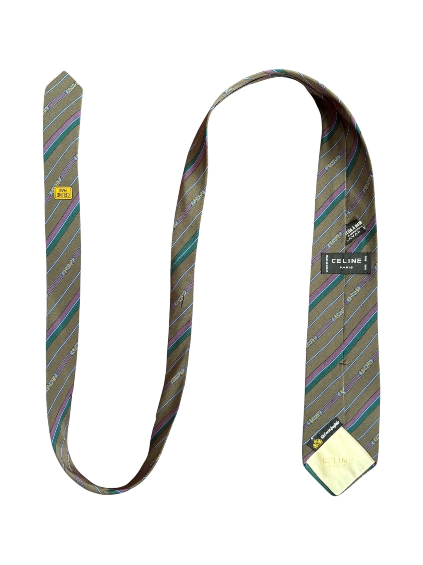 Detail of Celine tie showing embroidered logo and silk lining