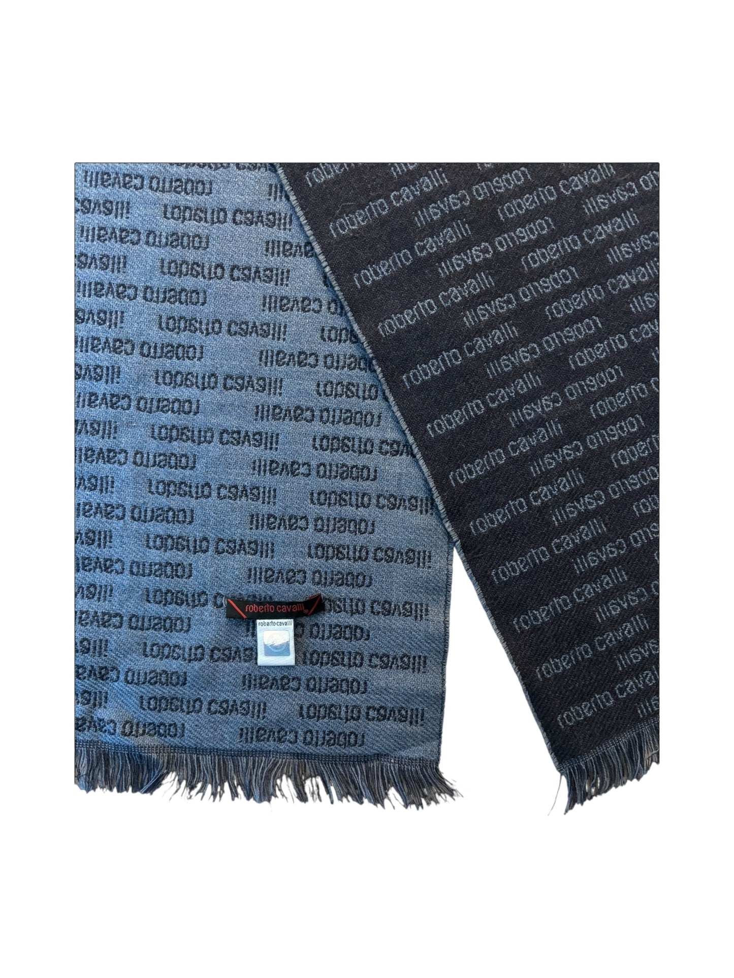 roberto cavalli wool Y2K Roberto Cavalli wool scarf with navy and black all-over logo spell-out – vintage Italian accessory