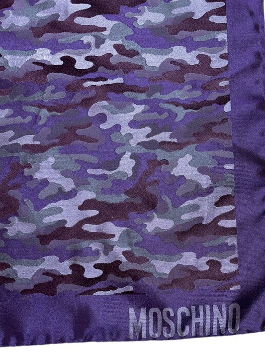 Moschino vintage silk handkerchief in purple camouflage print – designer pocket square or unisex accessory