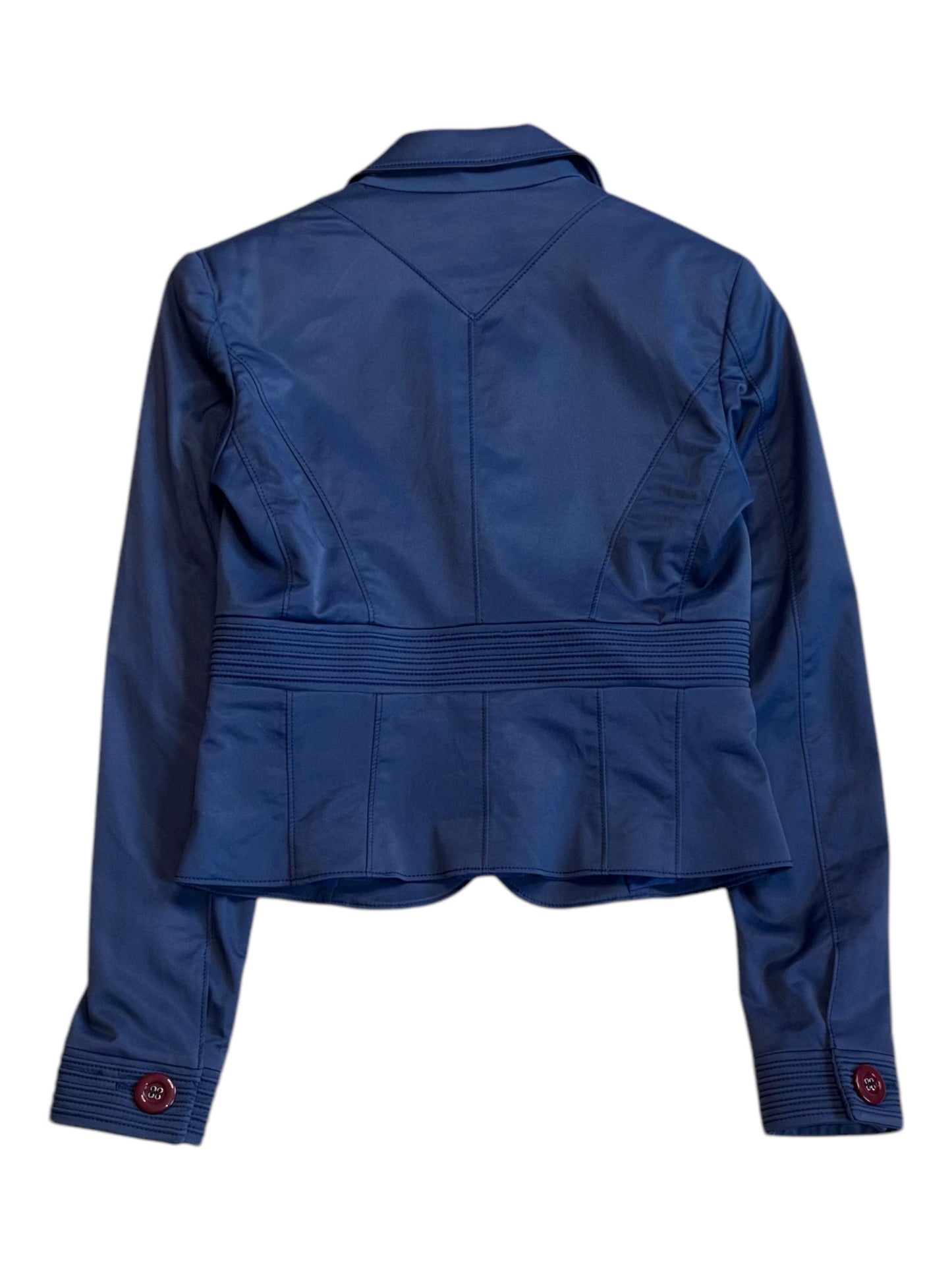 Back view of Versace cropped jacket in navy blue with darted waist and fitted cut, size M