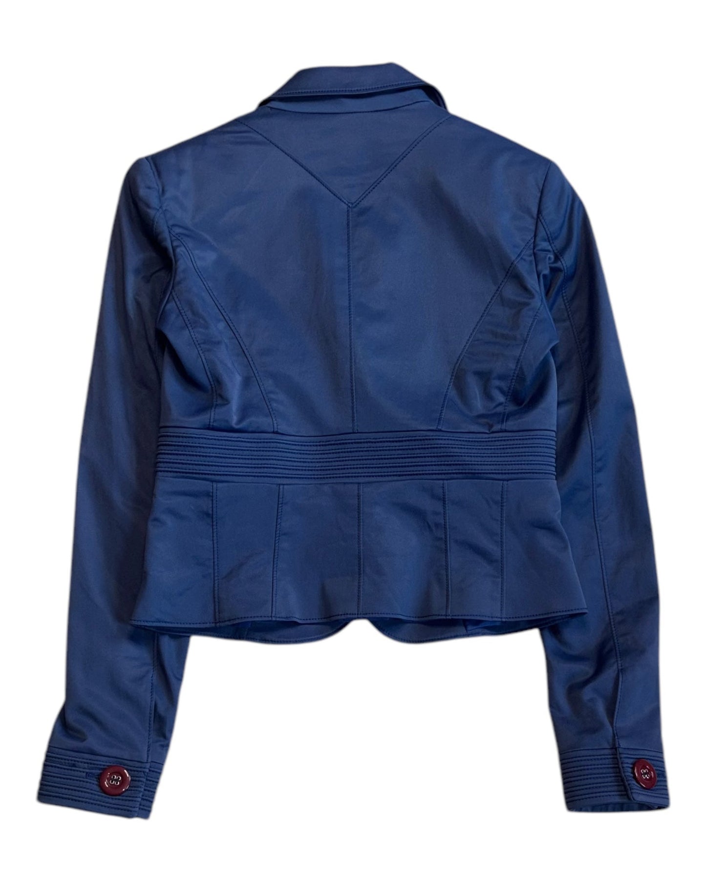 Back view of Versace cropped jacket in navy blue with darted waist and fitted cut, size M
