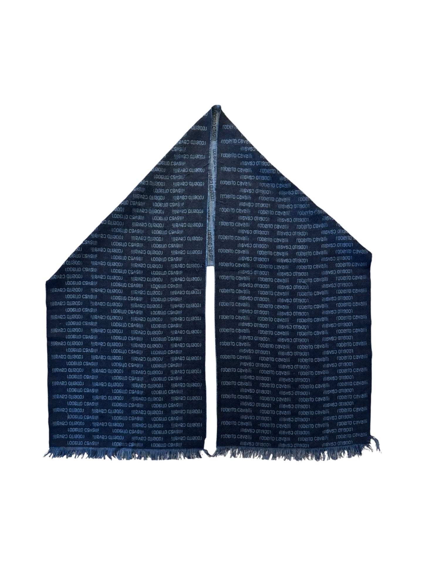 Y2K Roberto Cavalli wool scarf with navy and black all-over logo spell-out – vintage Italian accessory