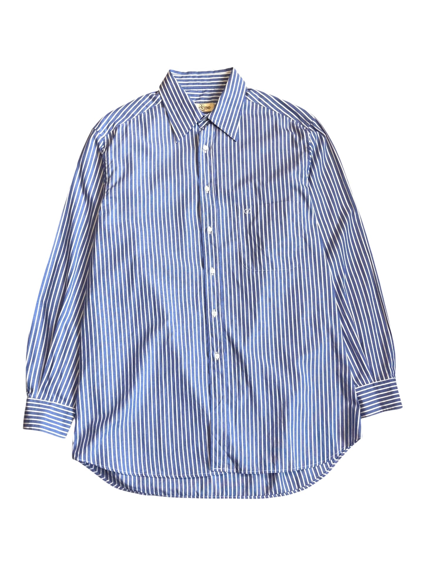 Vintage Valentino striped shirt in blue and white with chest pocket embroidery, size XL