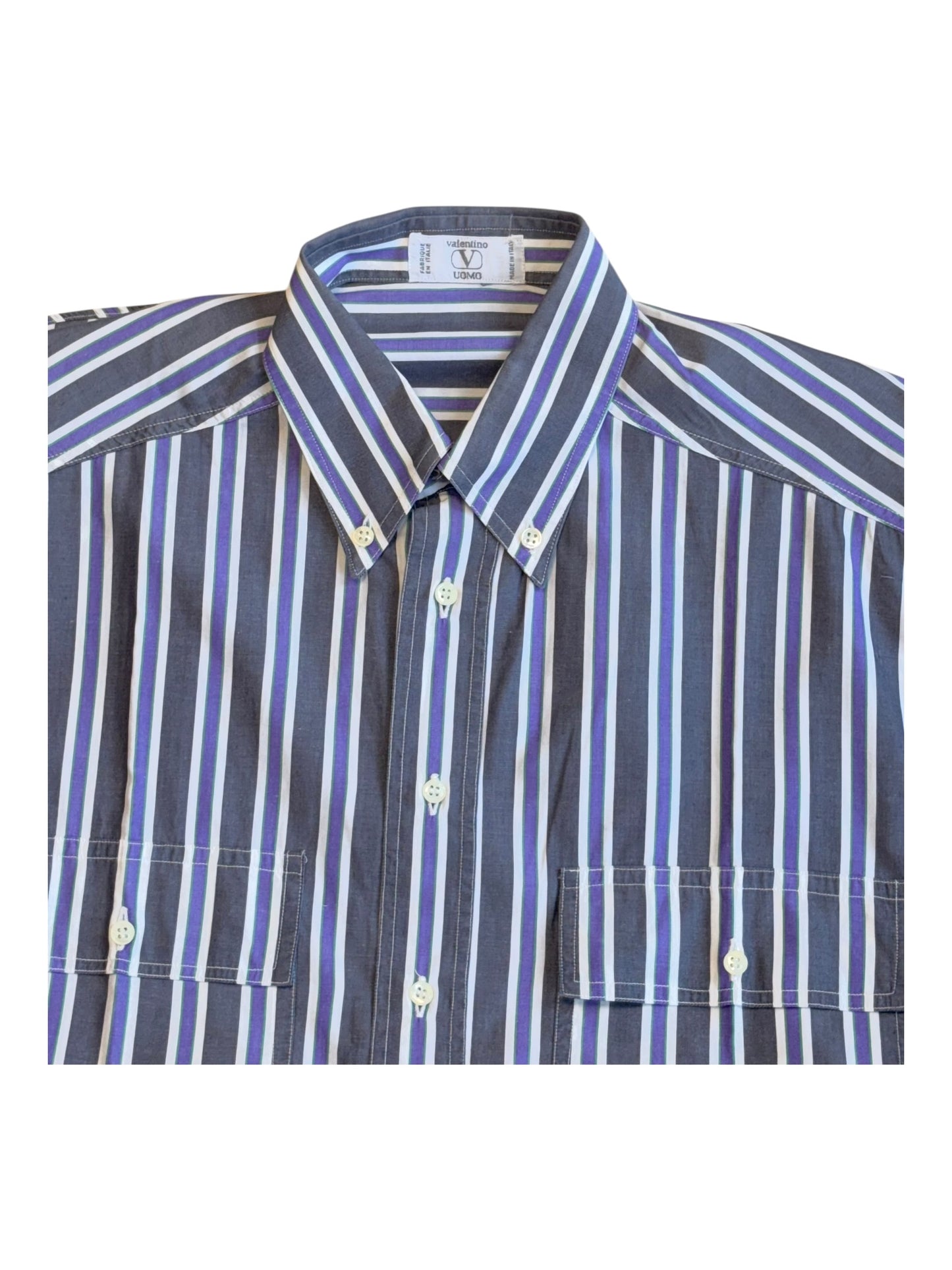 Close-up of collar and button detail on Valentino striped cotton shirt