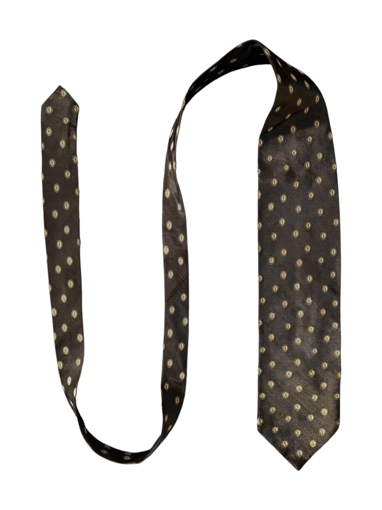 Flat lay of vintage Giorgio Armani silk necktie in olive bronze with gold medallion pattern and soft metallic sheen.