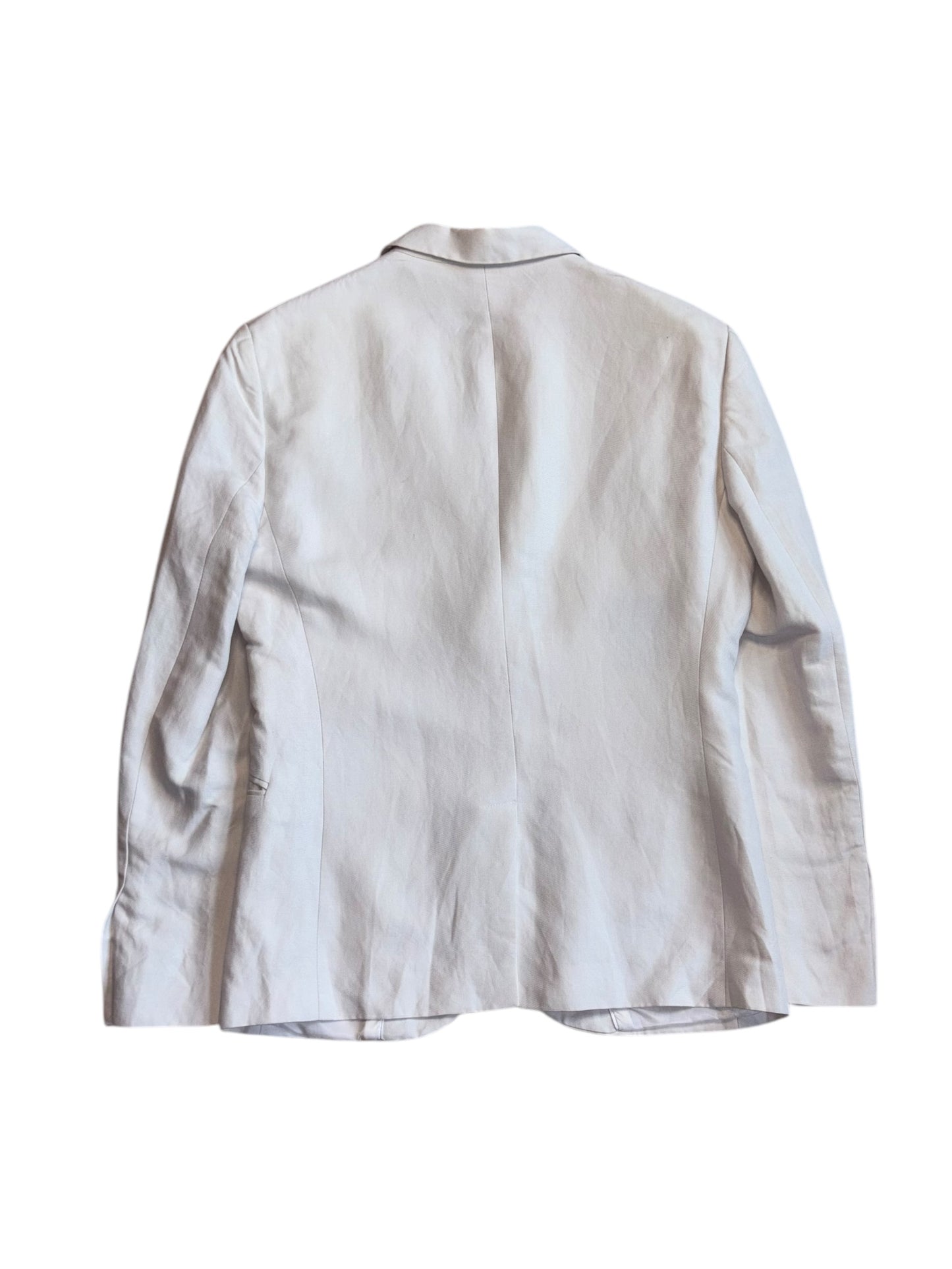Back view of vintage white linen blazer by Emporio Armani with double vent and structured shoulders, size S