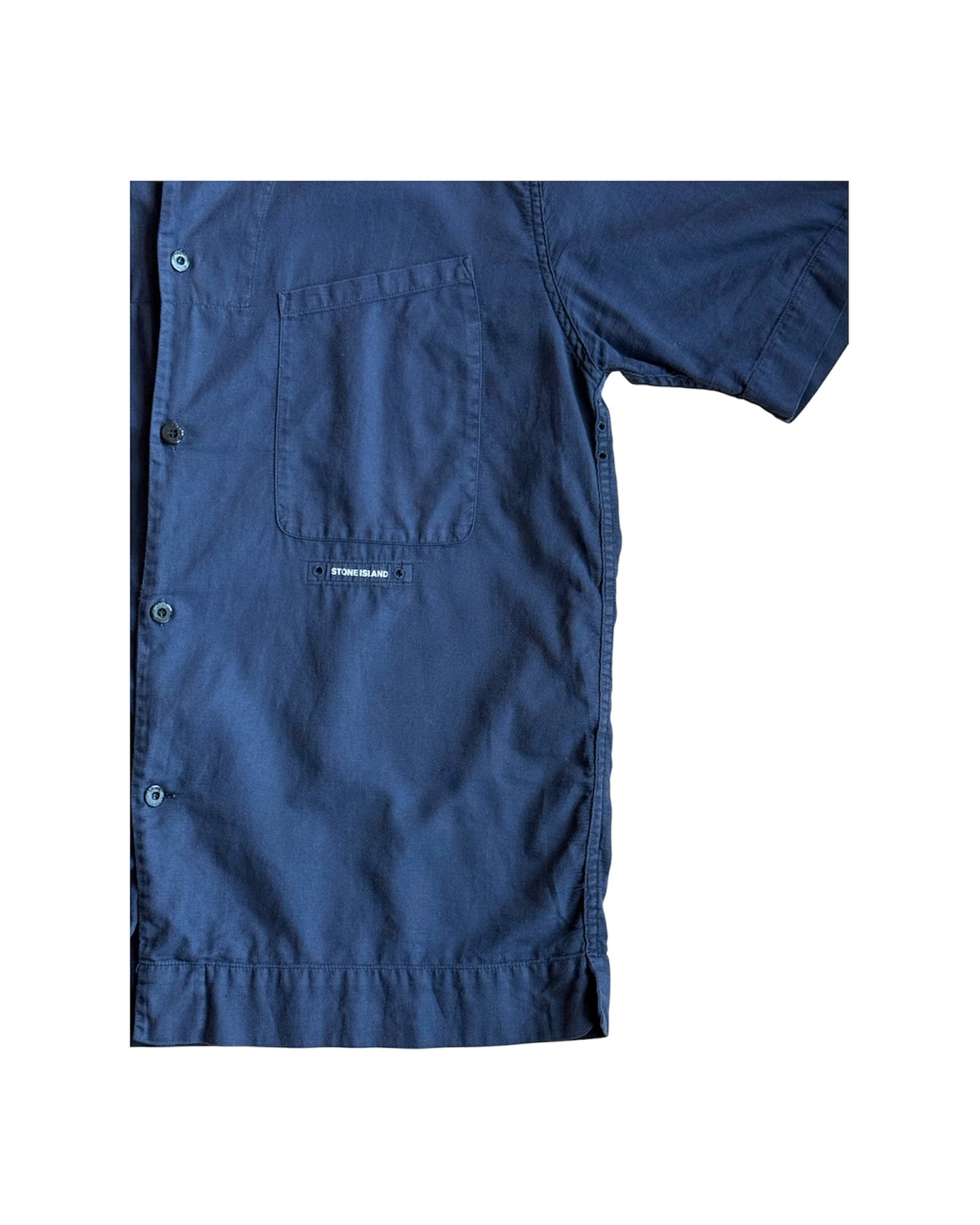Side profile of vintage Stone Island shirt showing chest pocket detail