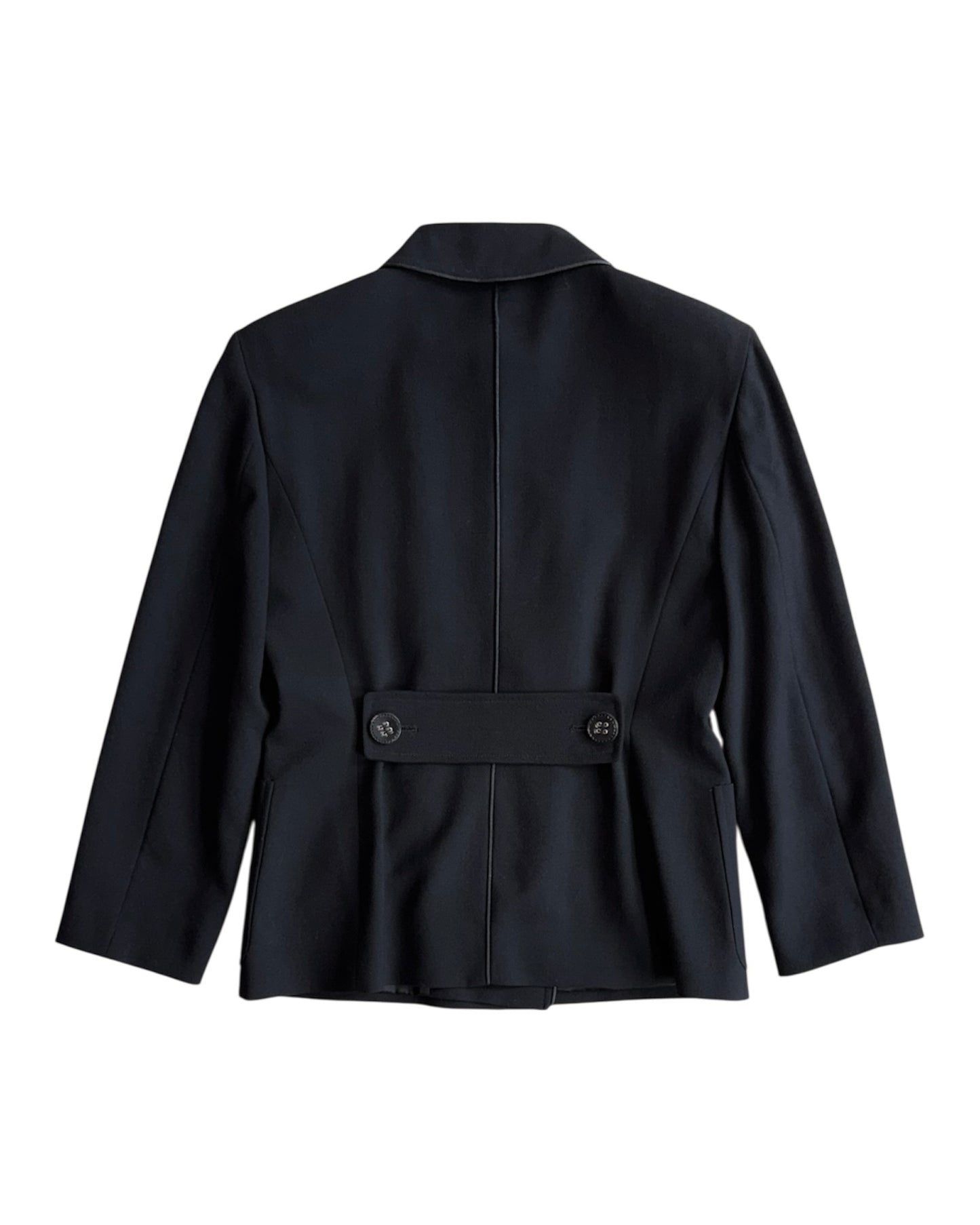 Back view of Gianfranco Ferré structured black wool women's jacket with tailored waist, size M