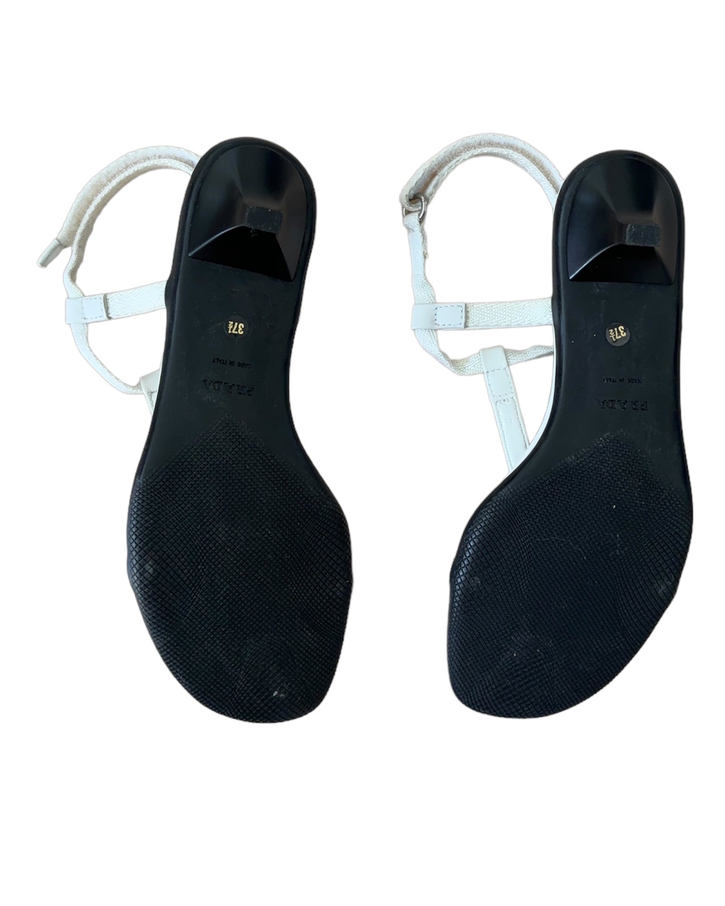 Vintage Prada Linea Rossa white strappy kitten heel sandals with red tab logo, size 37.5, shown against white background.