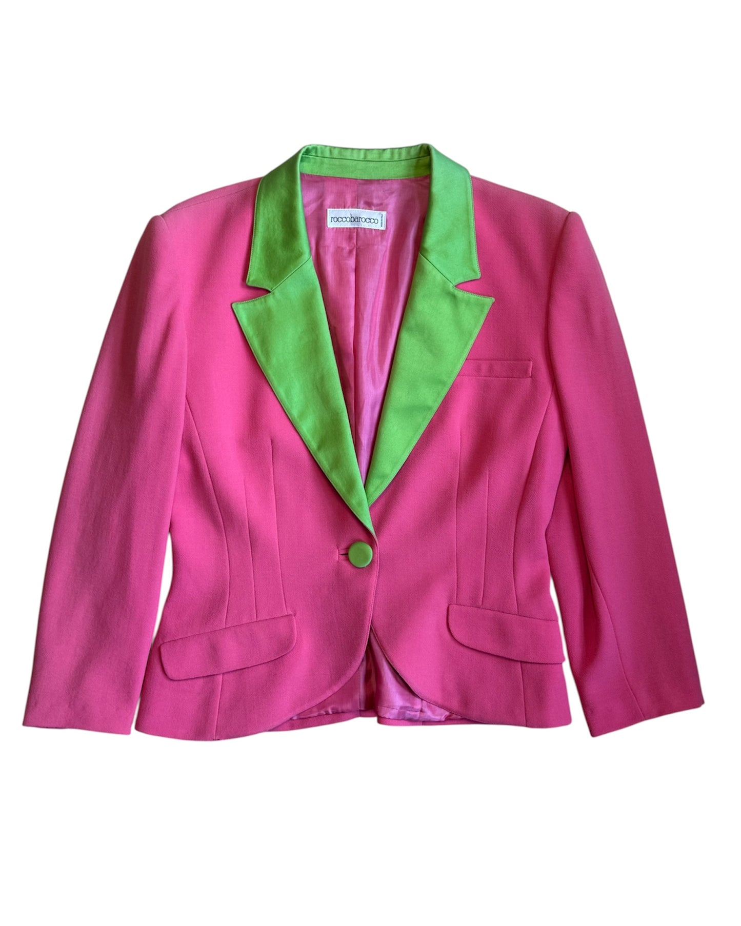 Close-up of the Roccobarocco blazer with green lapel detailing