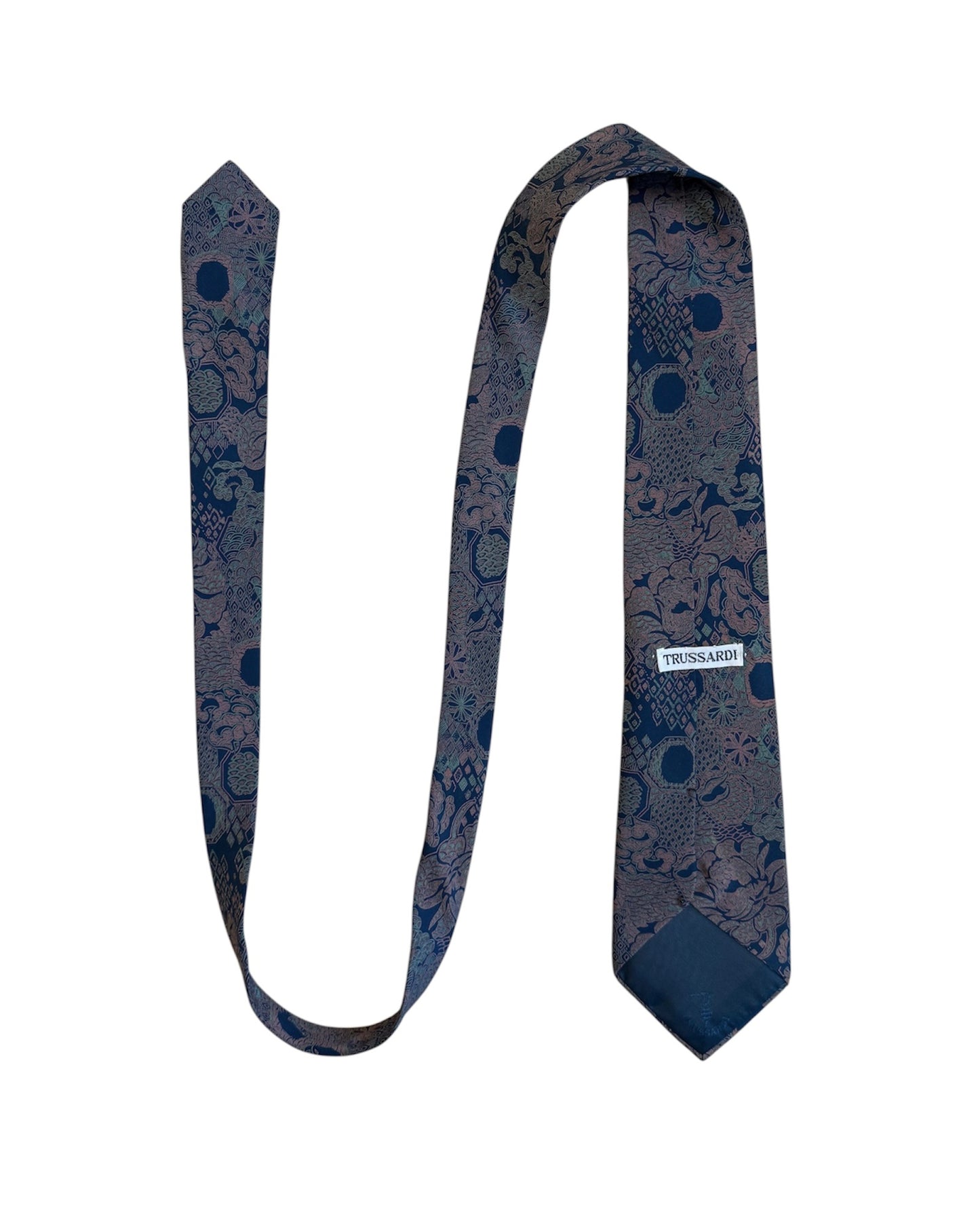 Vintage Trussardi navy silk tie with floral jacquard pattern – full view