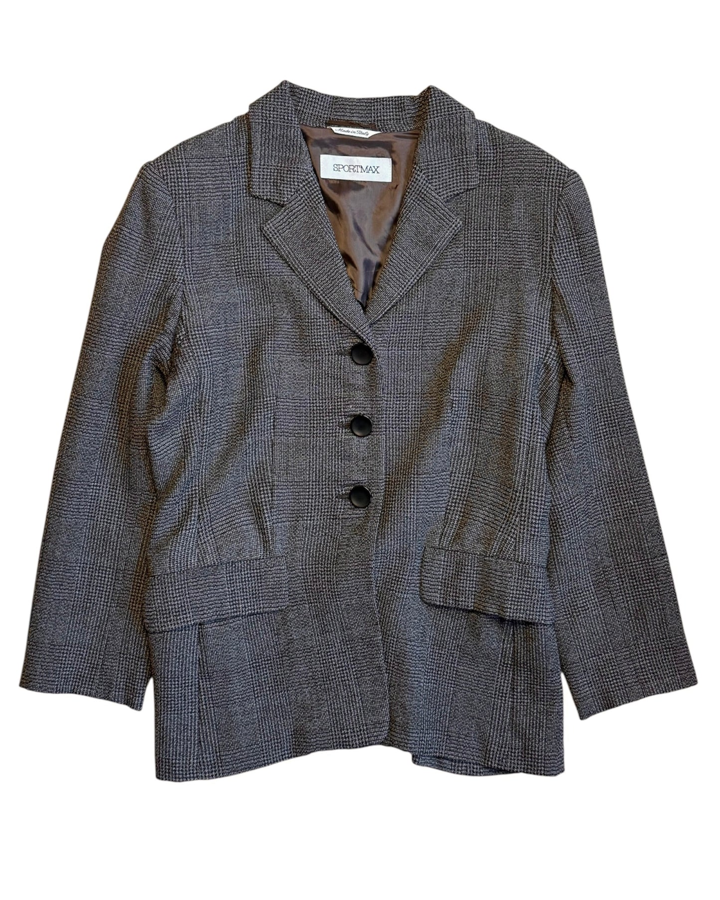 Front view of vintage Sportmax grey checked tailored jacket, women’s XS/S