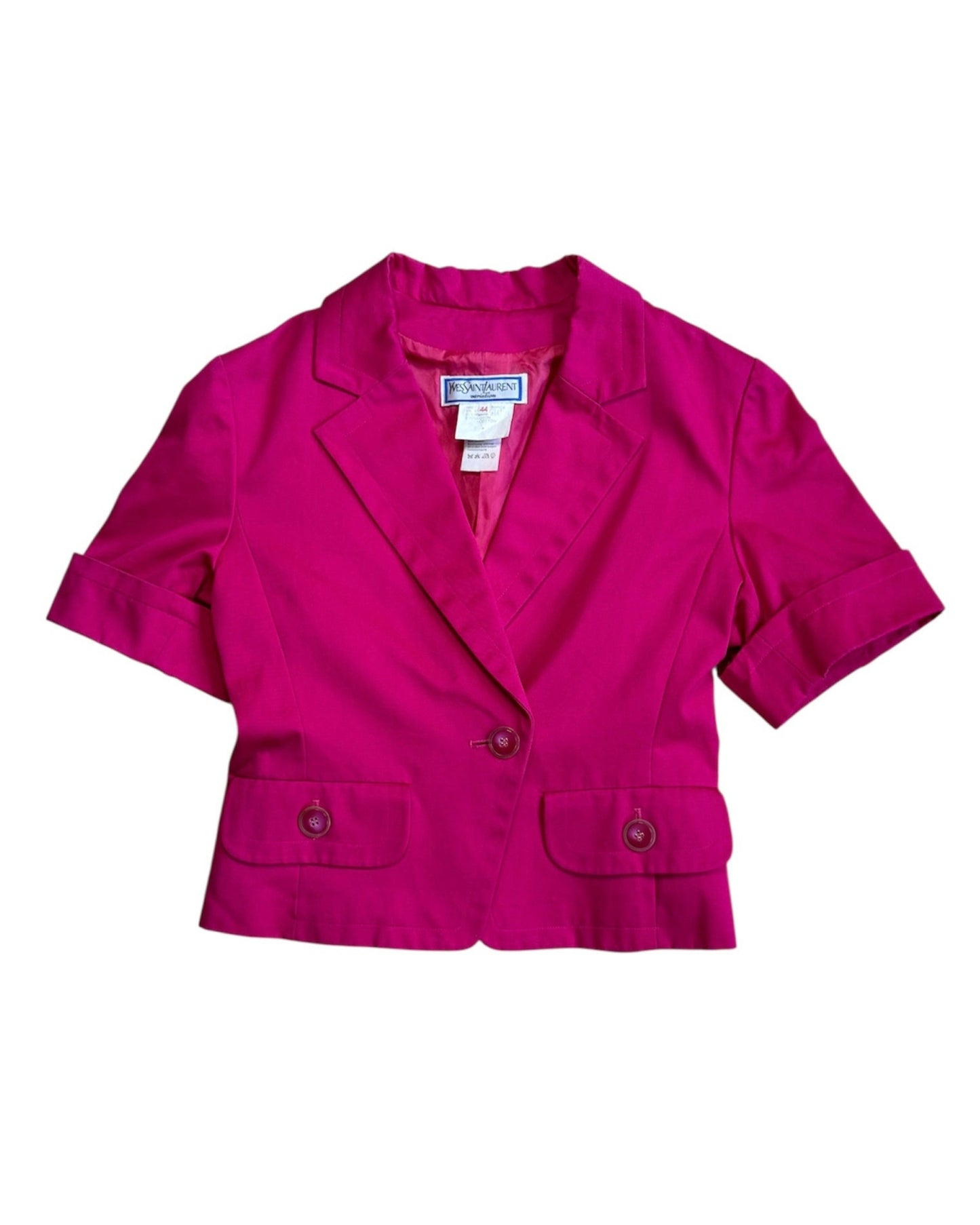 Pink YSL blazer with short sleeves on a white background