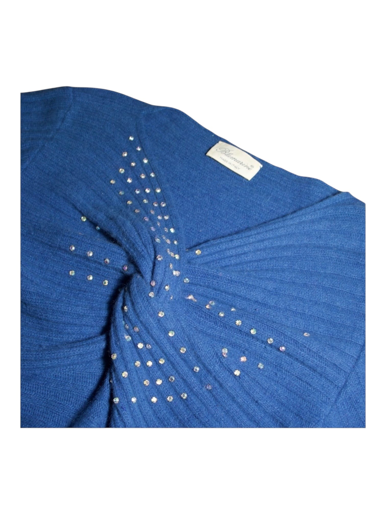 Vintage Blumarine cobalt blue knit top with twisted front and rhinestone details – late 80s to early 90s Italian designer style, size XS/S