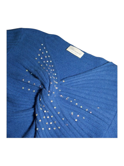 Vintage Blumarine cobalt blue knit top with twisted front and rhinestone details – late 80s to early 90s Italian designer style, size XS/S