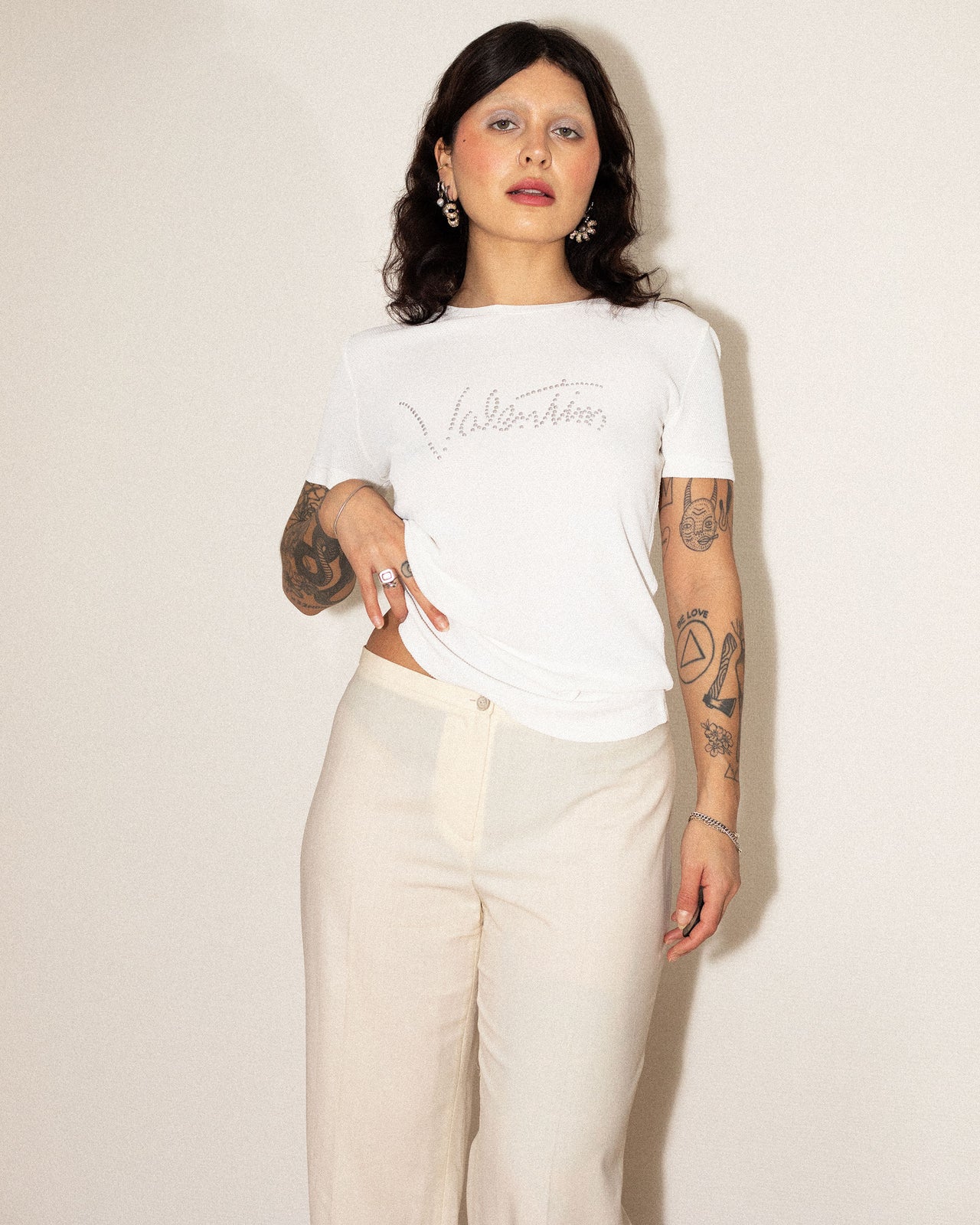 Valentino, White Bedazzled T-Shirt (XL)