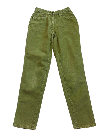 flat lay of vintage 1980s olive green corduroy pants – slim-straight fit, mid-rise waist, ideal for fall outfits, size XS/S