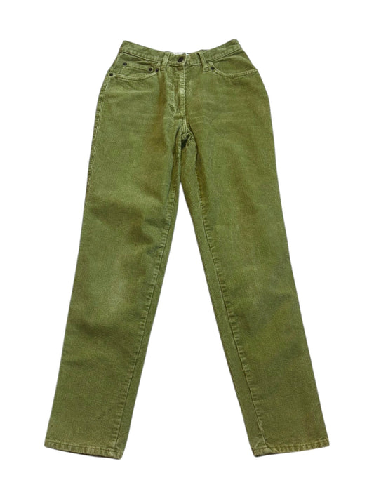 lat lay of vintage 1980s olive green corduroy pants – slim-straight fit, mid-rise waist, ideal for fall outfits, size XS/S
