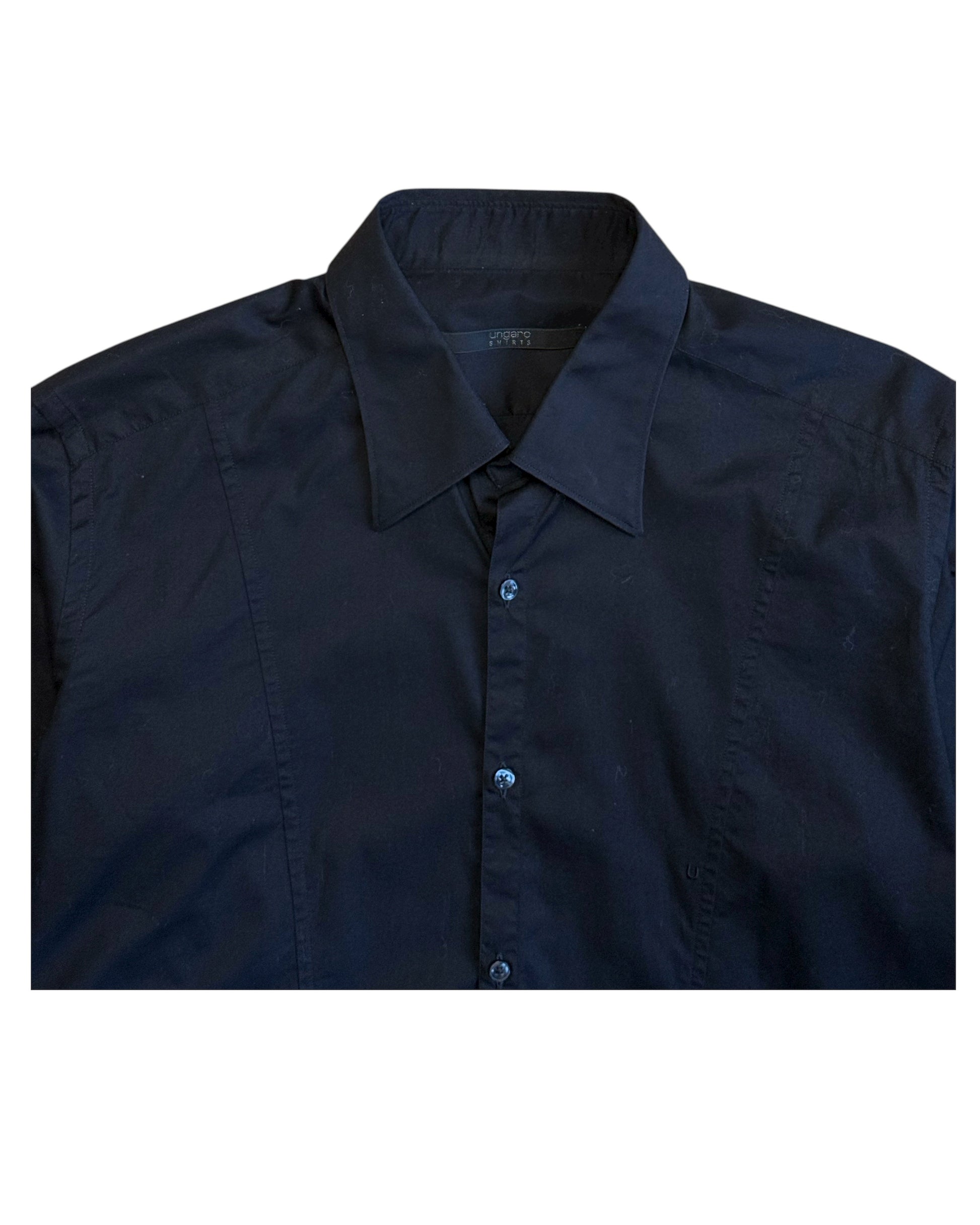 Close-up of collar and buttons on black Ungaro Shirts shirt.