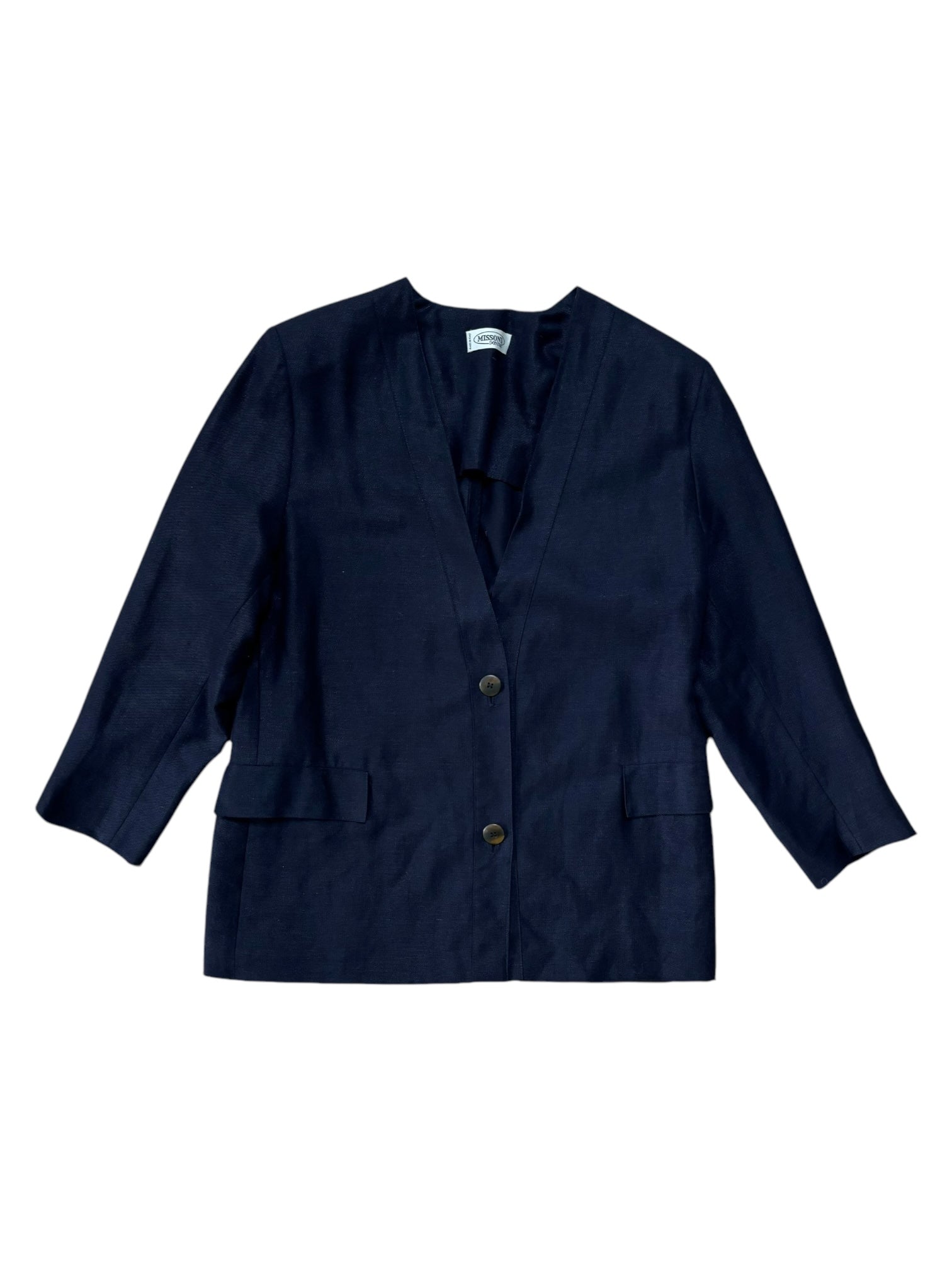 Missoni Donna navy collarless blazer laid flat with visible button closure