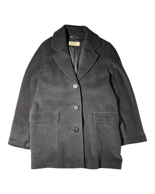 Gray MaxMara coat with button details on a white background