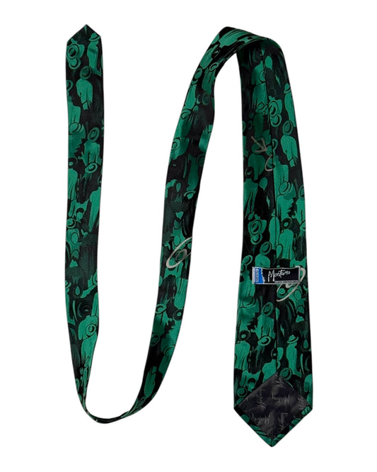 Green and black patterned tie on a white background