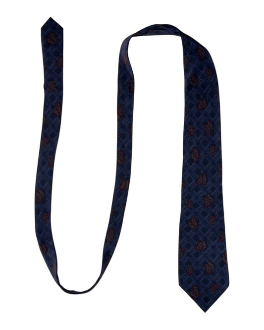 Navy blue necktie with a subtle pattern on a white background