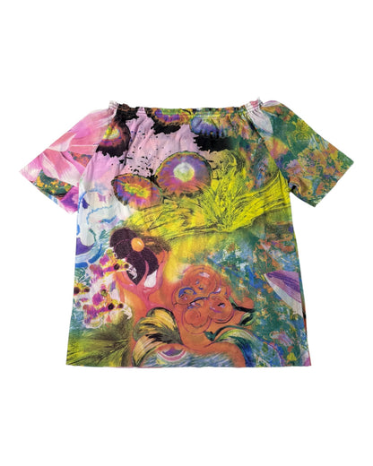 Colorful abstract Versace blouse with artistic design on a white background