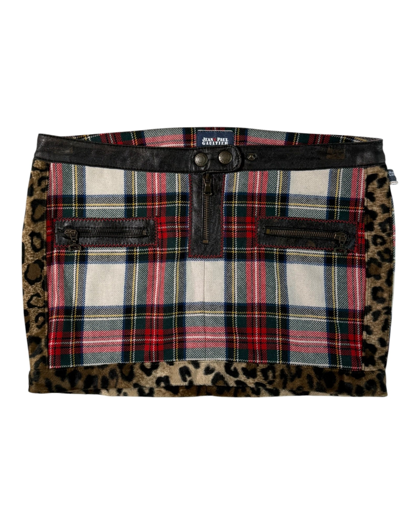 Jean Paul Gaultier Plaid skirt with leopard print trim on a white background