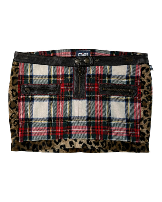 Jean Paul Gaultier Plaid skirt with leopard print trim on a white background