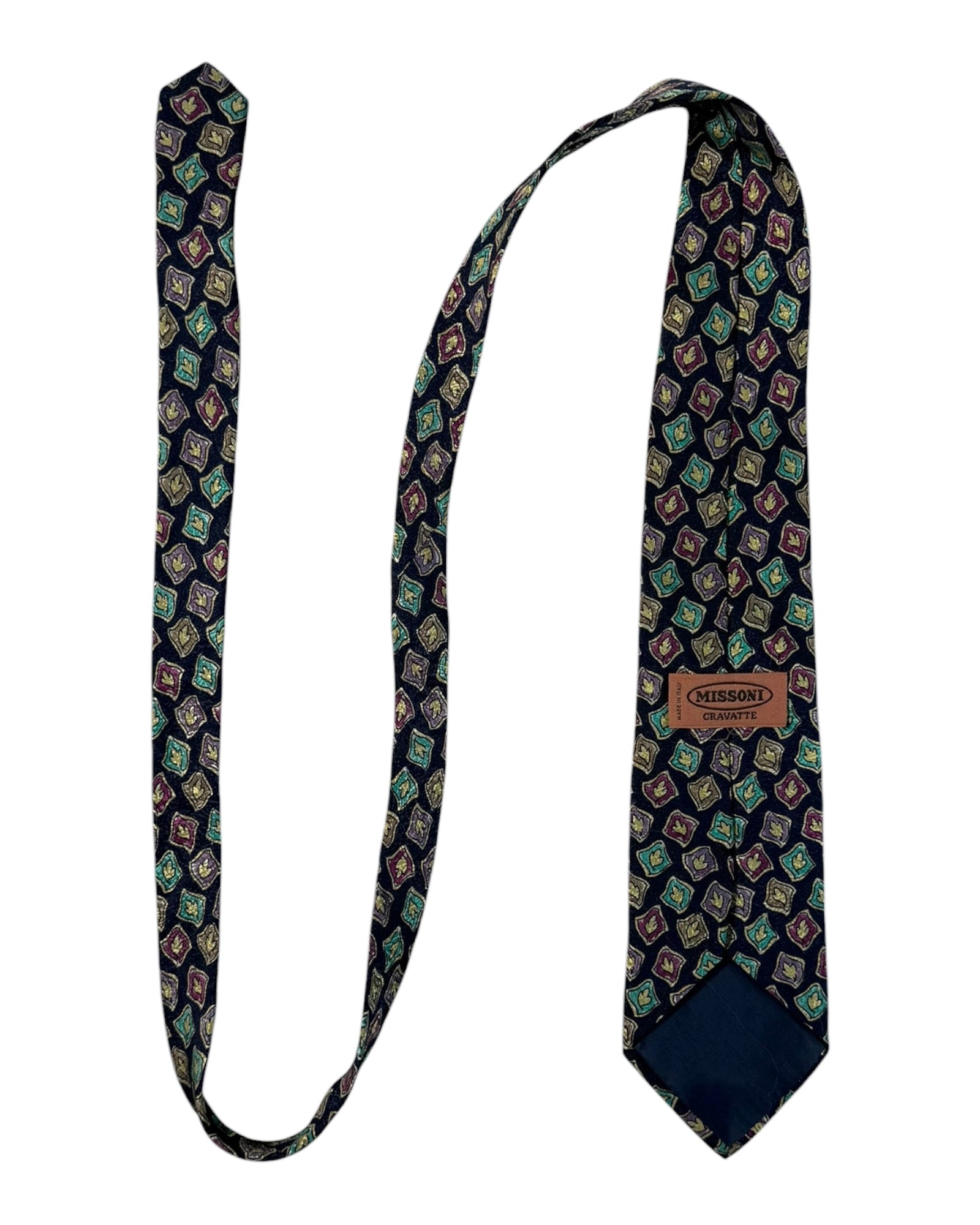 Patterned tie with Missoni brand label on a white background
