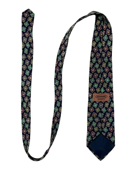 Patterned tie with Missoni brand label on a white background