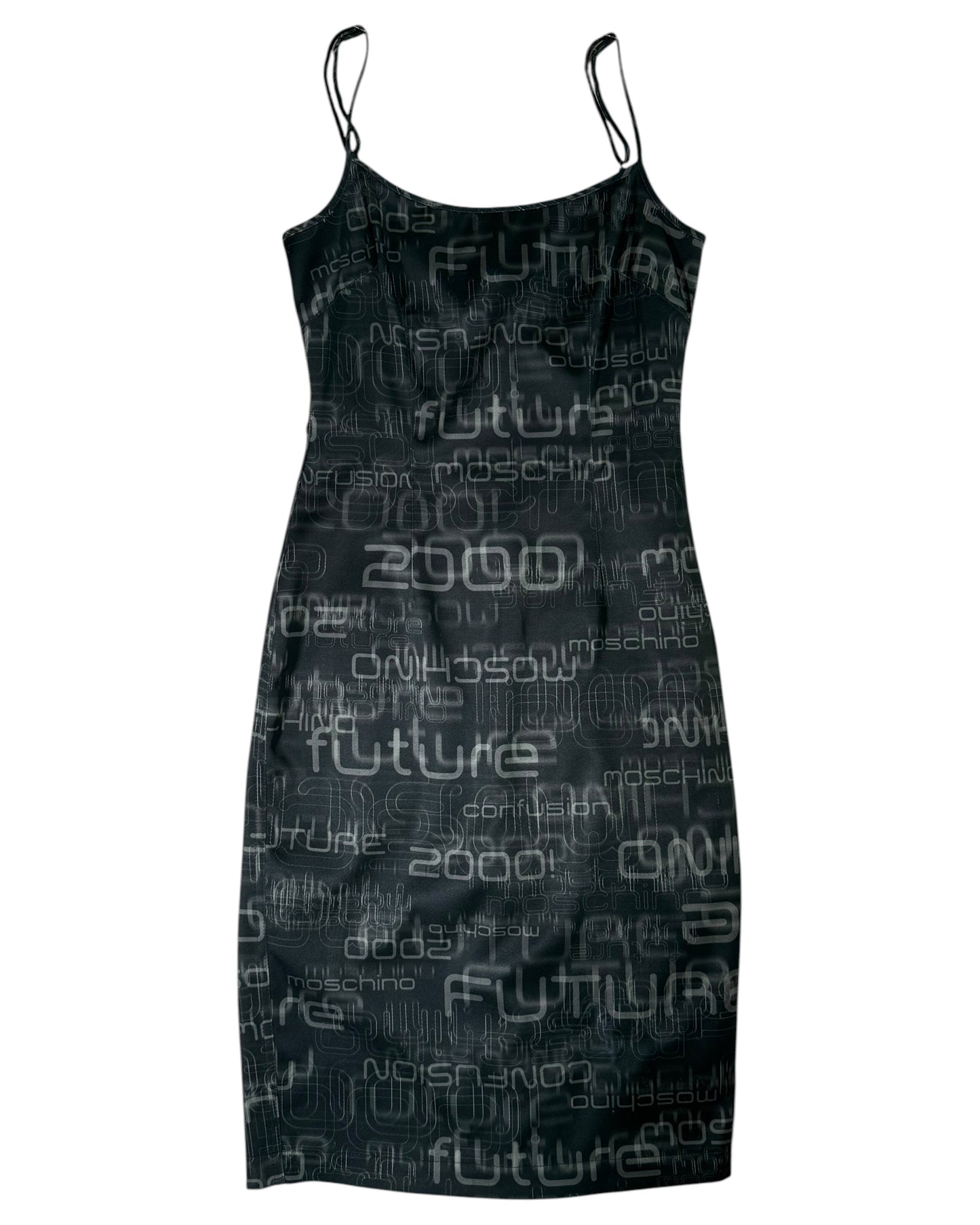 Moschino dress with y2k text pattern on a white background
