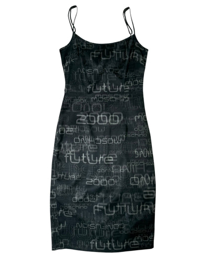 Moschino dress with y2k text pattern on a white background