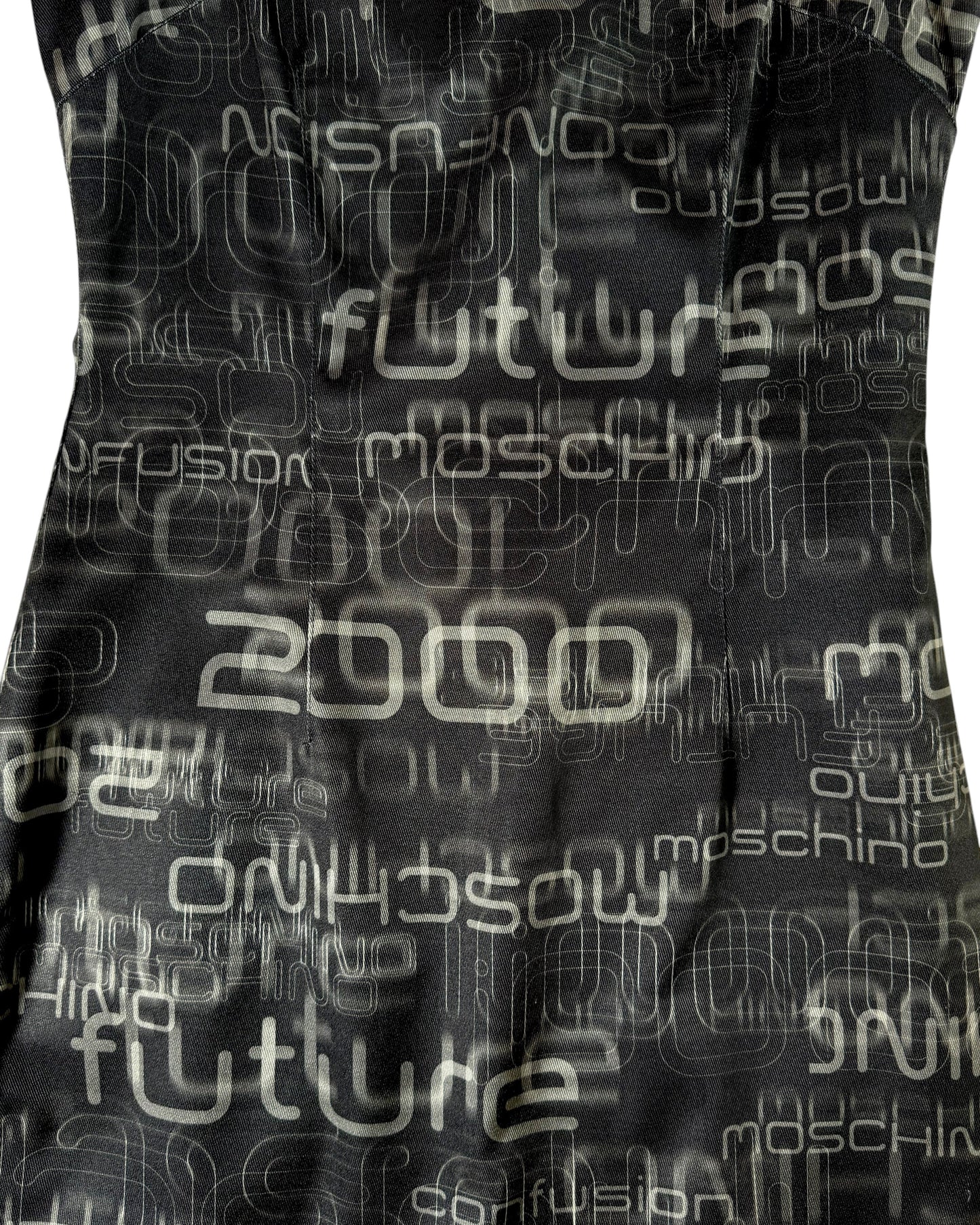 Black sleeveless moschino dress with white text pattern on a plain background